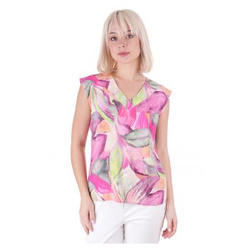 Bluza fara maneci cu decolteu in V si imprimeu tropical