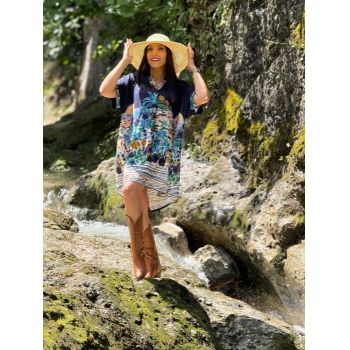 Rochie bleumarin scurta din vascoza imprimeu oras