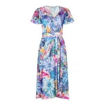 Rochie cu decolteu cache-coeur si imprimeu tropical - L