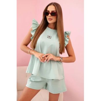 Set de bluza cu maneci scurte si volane si pantaloni scurti -