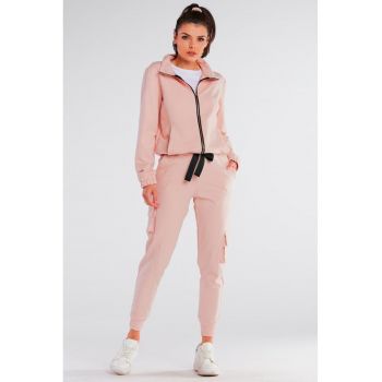 Pantaloni din bumbac cu buzunare cargo - talie medie si snur