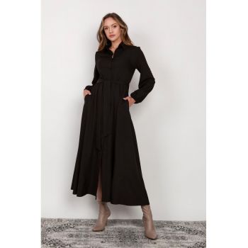 Rochie-camasa lunga cu nasturi si cordon in talie