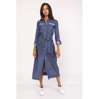 Rochie-camasa lunga cu prindere in talie si aspect de denim -