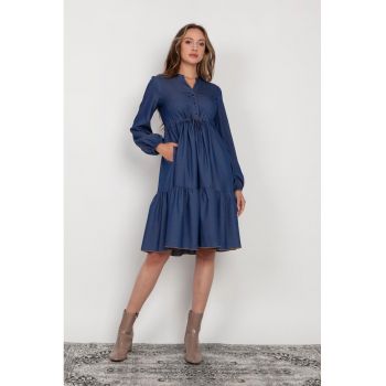 Rochie midi cu maneci lungi cu elastic si aspect de denim