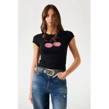 Tricou din amestec de modal cu aplicatii de strasuri ieftin