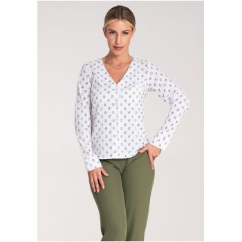 Bluza dama -  Maneca lunga - Cu flori - Poliester/Elastan - Alb