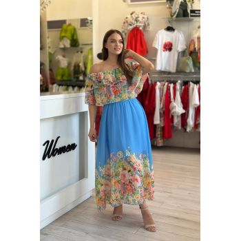 Rochie albastra din voal cu imprimeu flori multicolore