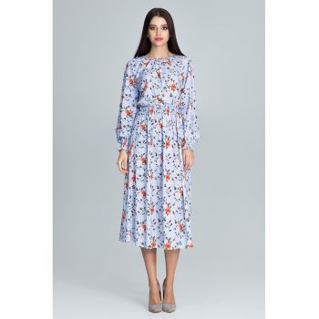 Rochie  M600 - florala - albastru - midi - maneci lungi - poliester 95% - elastan 5%