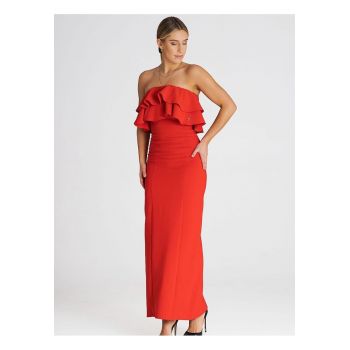 Rochie maxi  eleganta - volane duble - rosu - elastan - poliester - viscoza