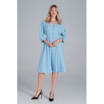 Rochie midi  albastra - cu maneci 3/4 - cu nasturi - din poliester