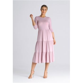 Rochie mulata  cu volane - maneca 3/4 - roz - viscoza