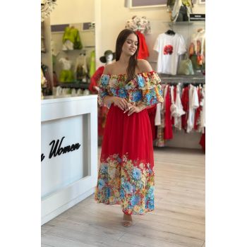 Rochie rosie din voal cu imprimeu flori multicolore