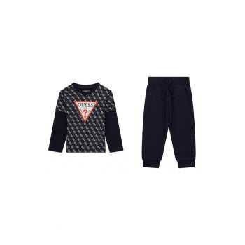 Set de bluza cu model logo si pantaloni de trening cu model uni - 2 piese