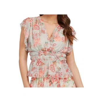 Bluza din amestec de matase cu imprimeu floral si decolteu petrecut