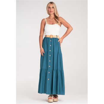 Fusta maxi  bleumarin - cu nasturi si volane - din bumbac - cu talie elastica -