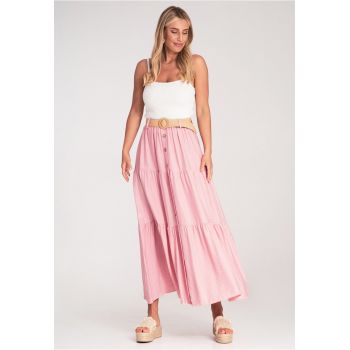 Fusta maxi  roz - bumbac - cu volane si curea impletita -