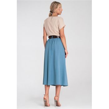 Fusta midi  albastra - talie inalta - curea decorativa - evazata - cu buzunare -