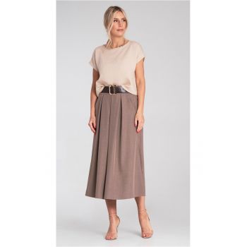 Fusta midi  maro - talie inalta - curea decorativa - evazata - cu buzunare -