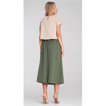 Fusta midi  verde - talie inalta - curea - evazata - cu buzunare -