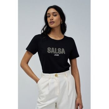 Tricou cu imprimeu si decolteu la baza gatului