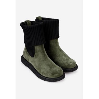Ghete kaki din piele intoarsa cu material textil negru 38
