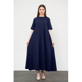 Rochie A-line, ampla, lunga, din jerseu de bumbac, bleumarin