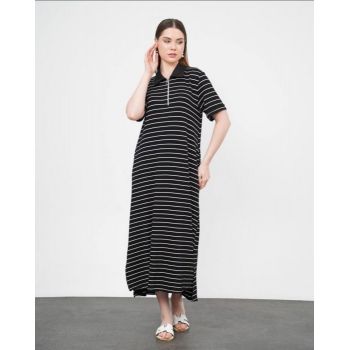 Rochie camasa cu fermoar din jerseu de vascoza, neagra cu dungi albe