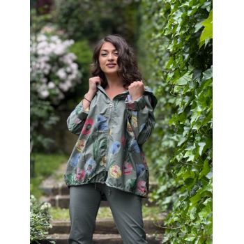 Jacheta kaki cu gluga si imprimeu floral