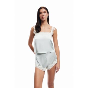Pantaloni scurti de pijama cu aspect satinat si captuseala din dantela