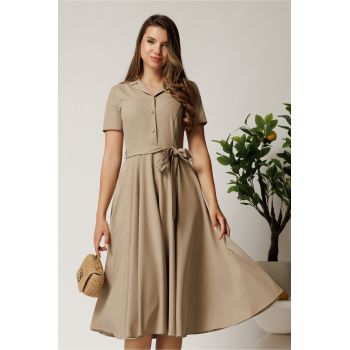 Rochie DY Fashion midi bej din stofa subtire cu cordon si buzunare
