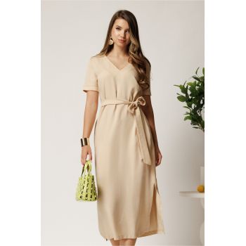 Rochie midi bej din tencel cu croi drept si cordon in talie