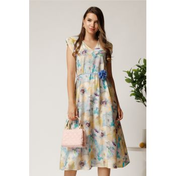 Rochie midi bleu din viscoza cu imprimeuri galbene in clos cu floare in talie