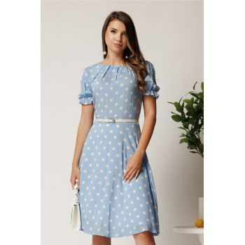 Rochie midi bleu din viscoza in clos cu buline si curea in talie