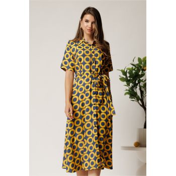 Rochie midi bleumarin din bumbac in clos cu cercuri galbene si cordon in talie