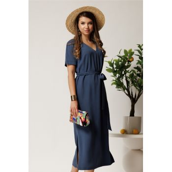 Rochie midi bleumarin din tencel cu croi drept si cordon in talie