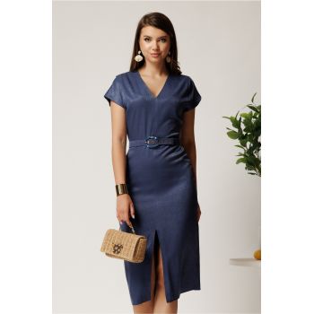 Rochie midi bleumarin din viscoza cu aspect sidefat si curea in talie