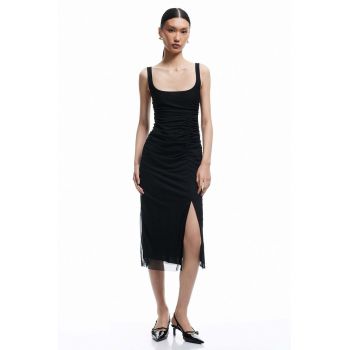 Rochie midi drapata cu slit lateral