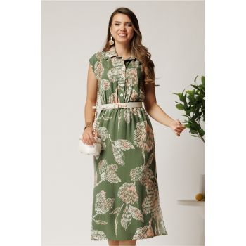 Rochie midi kaki cu imprimeu roz din tencel cu elastic si curea in talie