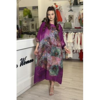 Rochie mov lunga cu imprimeu flori