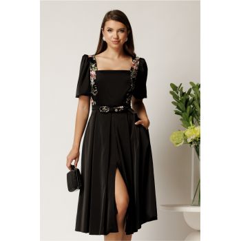Rochie Valeria midi neagra din satin cu broderie florala si paiete la bust