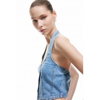 Top crop din denim cu nasturi