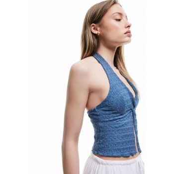 Top crop texturat cu decolteu in V