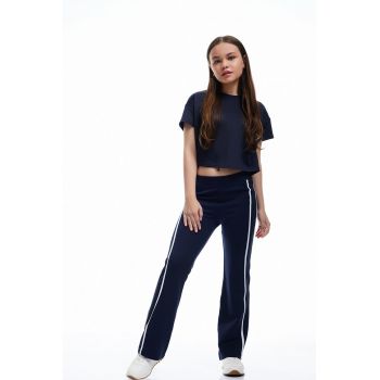 Pantaloni drepti cu dungi - Alb - Bleumarin -
