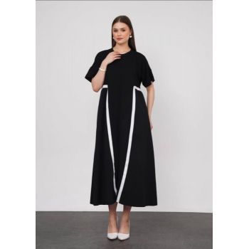 Rochie neagra doua materiale, din jerseu fin si poplin de bumbac cu detalii albe