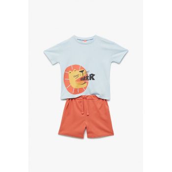 Set de tricou cu imprimeu si pantaloni scurti cu snur - 2 piese