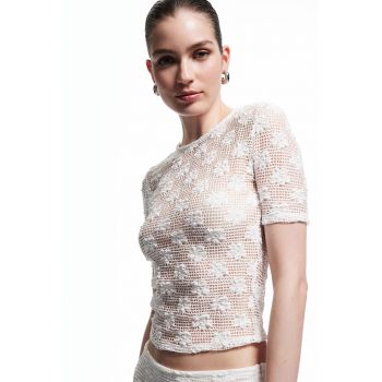 Top crop brodat - Alb fildes -
