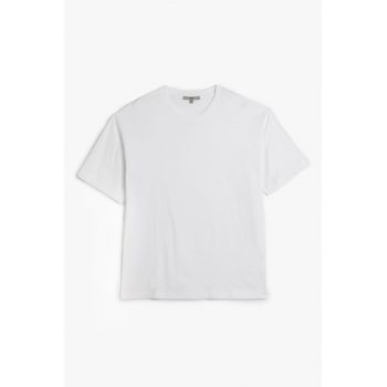 Tricou din bumbac cu model uni si decolteu la baza gatului