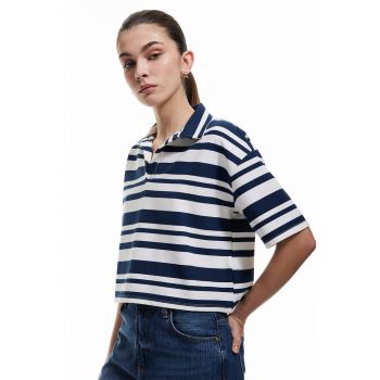 Tricou polo crop cu dungi - Alb - Bleumarin -