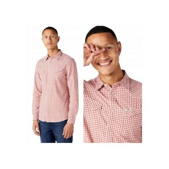 Camasa Barbati -  Ls Western Shirt - Slim Fit - Cu Capse - 2 Buzunare - 100% Bumbac - Eleganta - Confortabila - Ideala Pentru Zi Cu Zi - Marimea M - Rosu/Alb