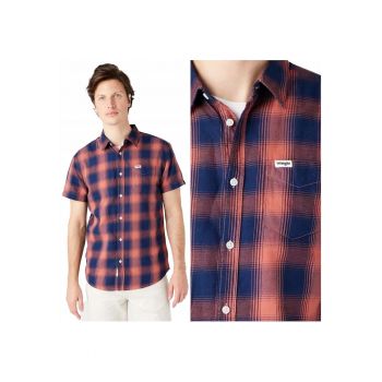 Camasa Barbati -  Ss 1 Pkt Shirt - Regular Fit - 1 Buzunar - Cu Nasturi - Confortabila - Respirabila - Ideala Pentru Zile Calde - 100% Bumbac - Marimea M - Albastru/Rosu